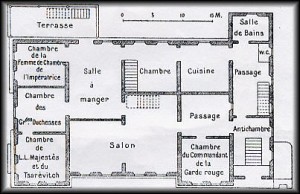 This French language diagram show the map of teh Mansion and side wing with terrasse (balcony) shown overlooking garden