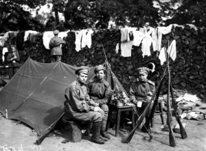 1917: Women from a Russian 'death battalion', a tough women's unit, sit outside their tent. (Photo by Slava Katamidze Collection/Getty Images)